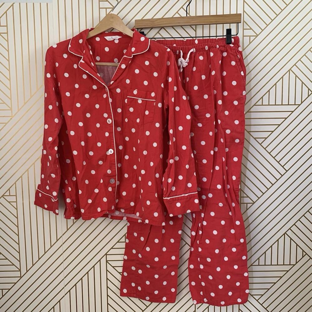 Noble Mount 100% Cotton Polka Dot Pajama Set Button Up Drawstring Natural Fibers